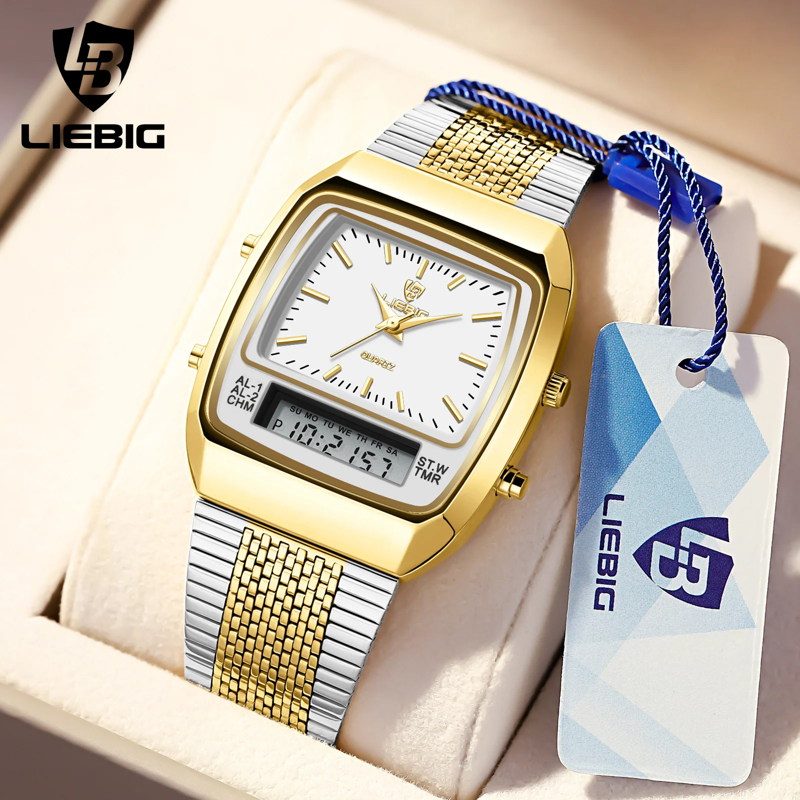 Fashion Golden Steel Strap Quartz Sport Watch Mens Dual Time Week Display Digital Wristwatches Waterproof Clock Reloj Hombre