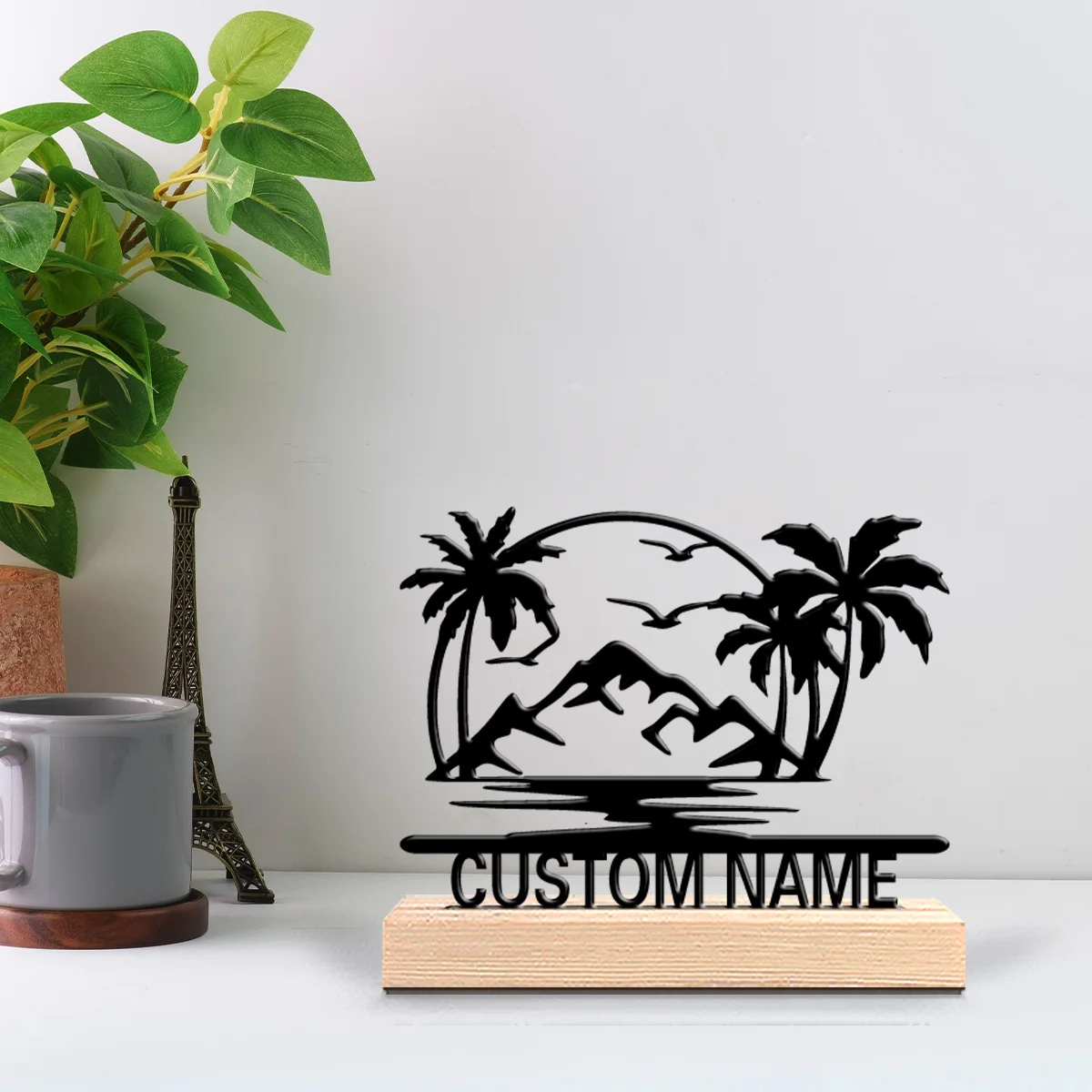 1pc Minimalist beach Custom Text Tin Statue Metal Ornament Art Figurine With Wood Base With Wood Base For Bedroom Desk Decor