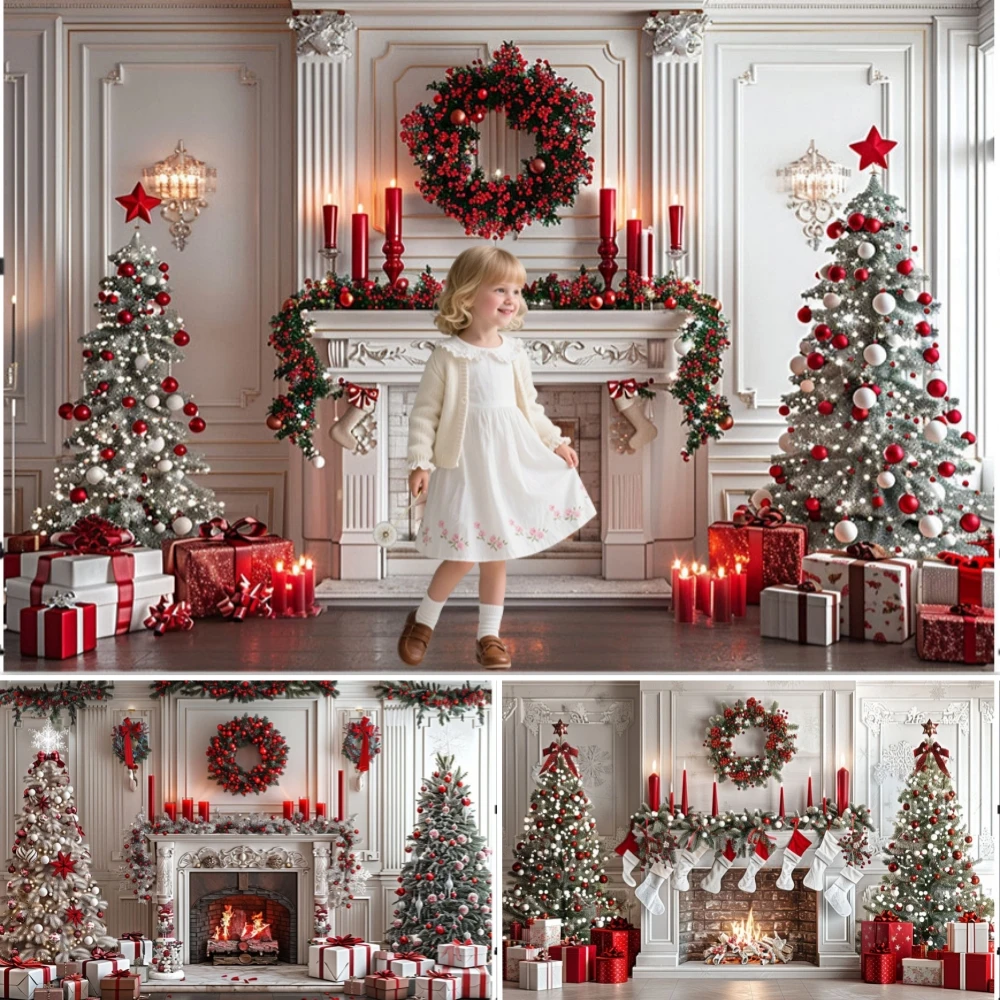 

White Christmas Background Photography Xmas Fireplace Tree Red Wreath Bells Candle Gifts Winter Family Party Decoration Props