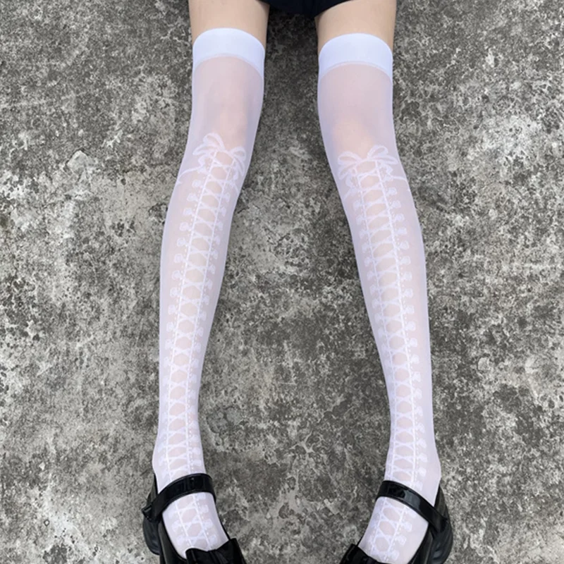 1 pair of ladies' stockings white stockings with bow and cross straps