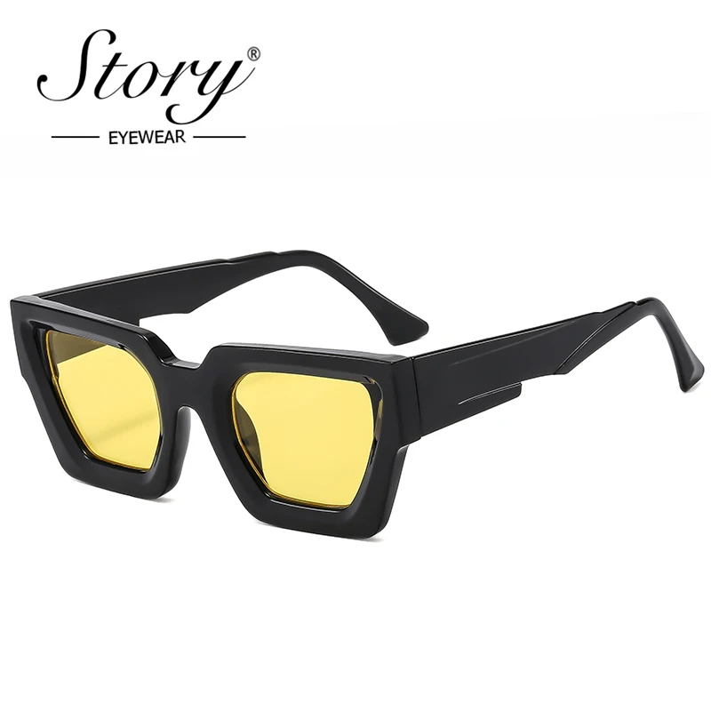 STORY Fashion Thick Frame Square Sunglasses Women Men Brand Designer Trend Vintage Yellow Lens Oversize Cateye Sun Glasses S3816