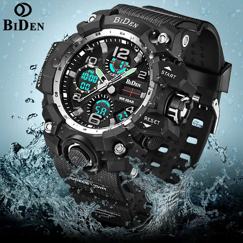 

BIDEN Sports Top Fashion Brand Men Casual Dual Display 50M Waterproof Date Week Alarm Clock Military Multifunction Men Watch