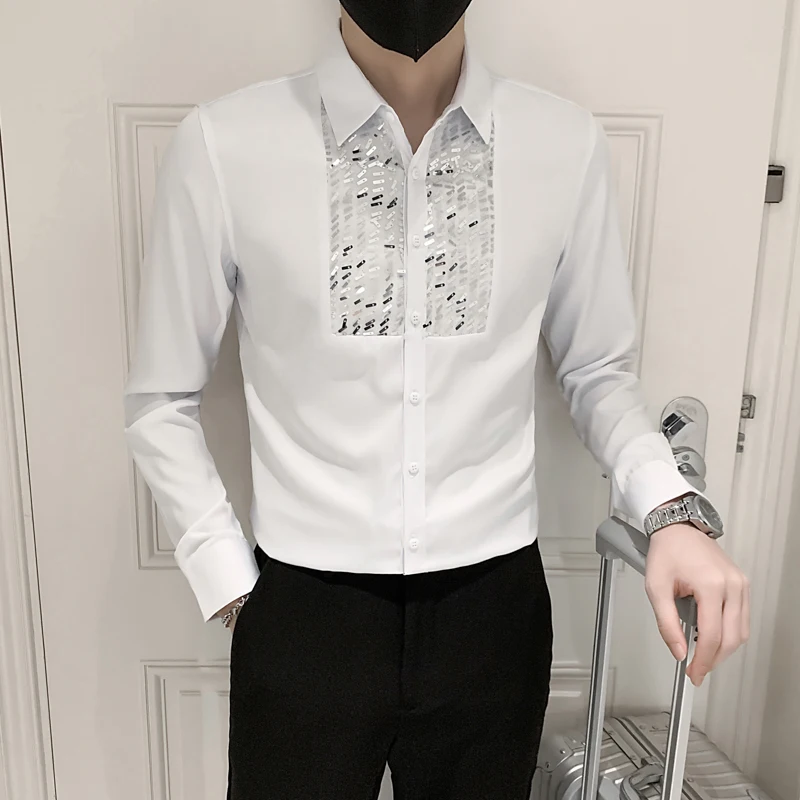 New Design Shirt Man White Black Long Sleeve Tuxedo Shirts Front Sequins Dress Slim Fit Top Clothes Wedding Party Dance Blouse