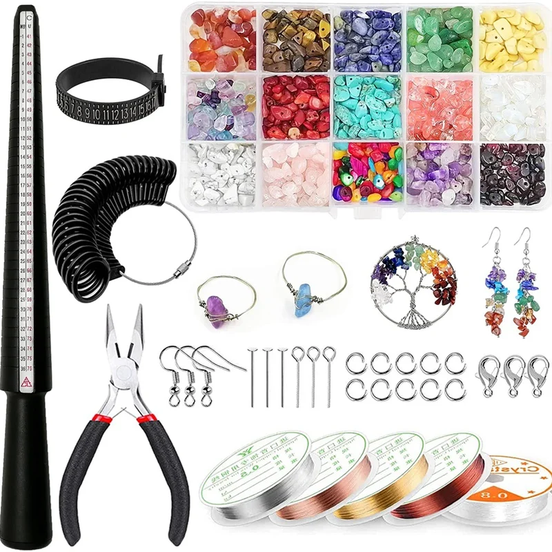 

Ring Making Kit, Ring Size Measuring Tools With 15 Colors Crystal Chips Beads,Elastic String, Pliers For DIY Handmade