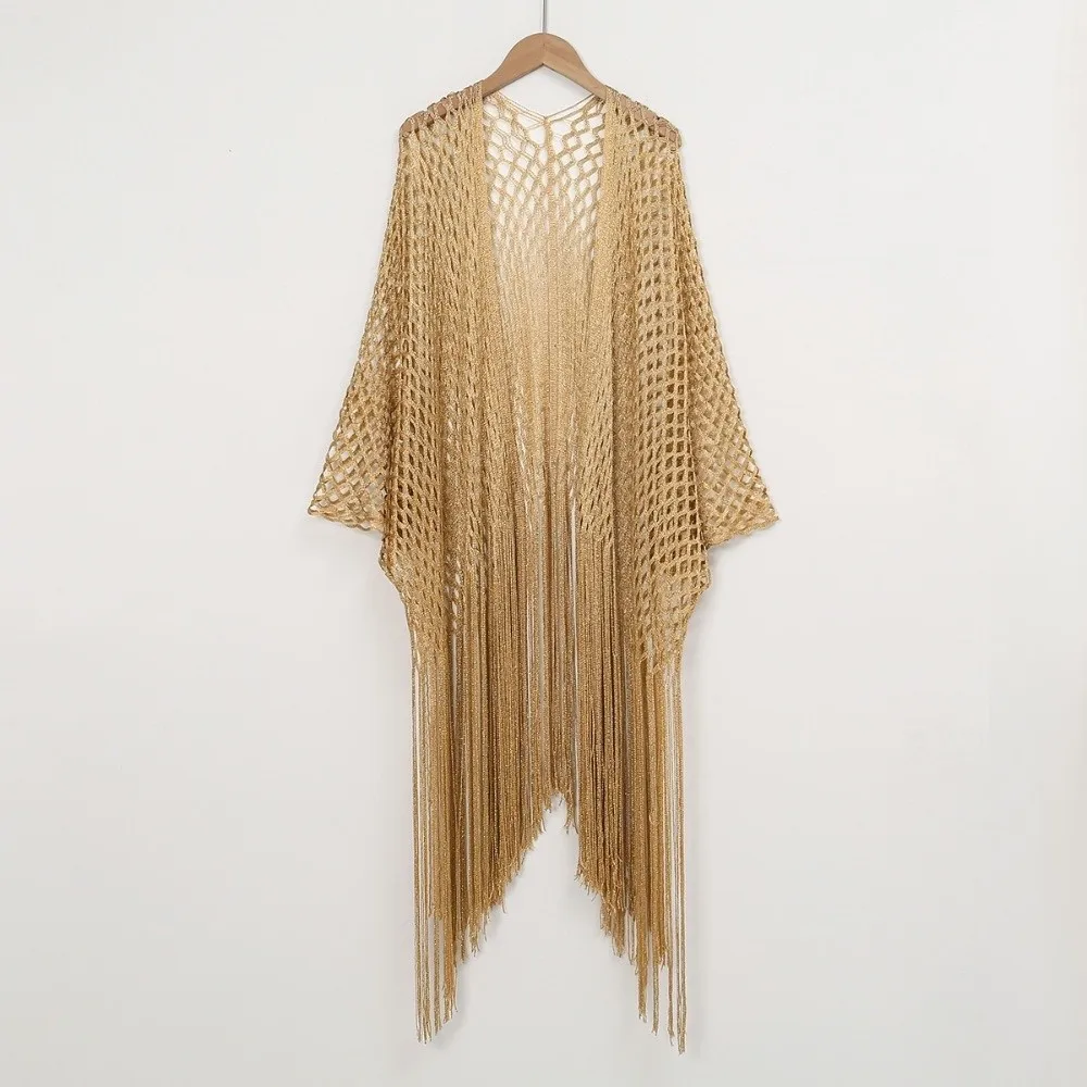 Fashion Tassel Patchwork Women Tulle Shawl V-Neck Cardigans Hollow Evening Prom Cape Shining Summer Scarf Cosplay