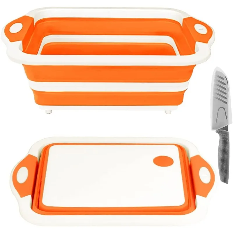 

Foldable Chopping Board with Colander, Multifunctional Kitchen Vegetable Washing Basket Silicone Dish Tub