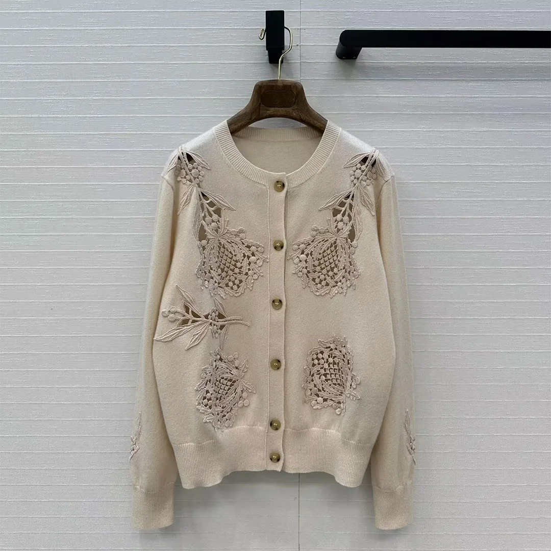 

Luxury Old Money Style Apricot Color Women Cashmere Cardigans O-neck Embroidery Floral Single Breasted Chic Elegant Knit Sweater