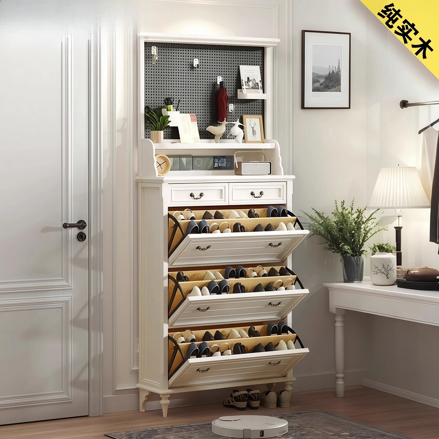 

Pure solid wood 40/50/60/70/80cm American cream wind ultra-thin hole board shoe cabinet coat rack integrated