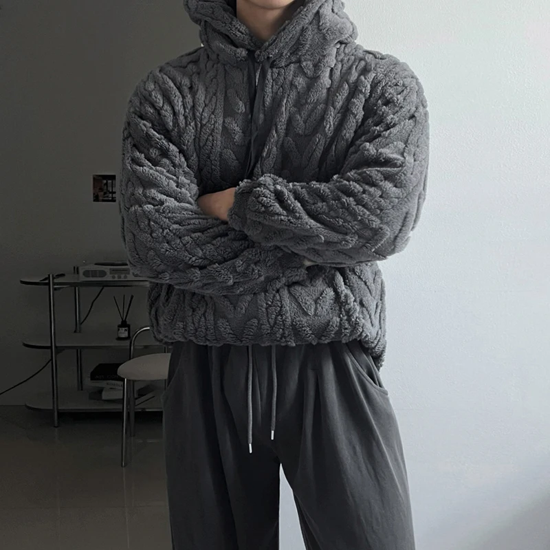 WTHT Tremdy Men's Solid Color Texture Drawing Knit Sweater Fashion Hooded Long Sleeves Casual Pullover Male 2025 Winter 2A2488