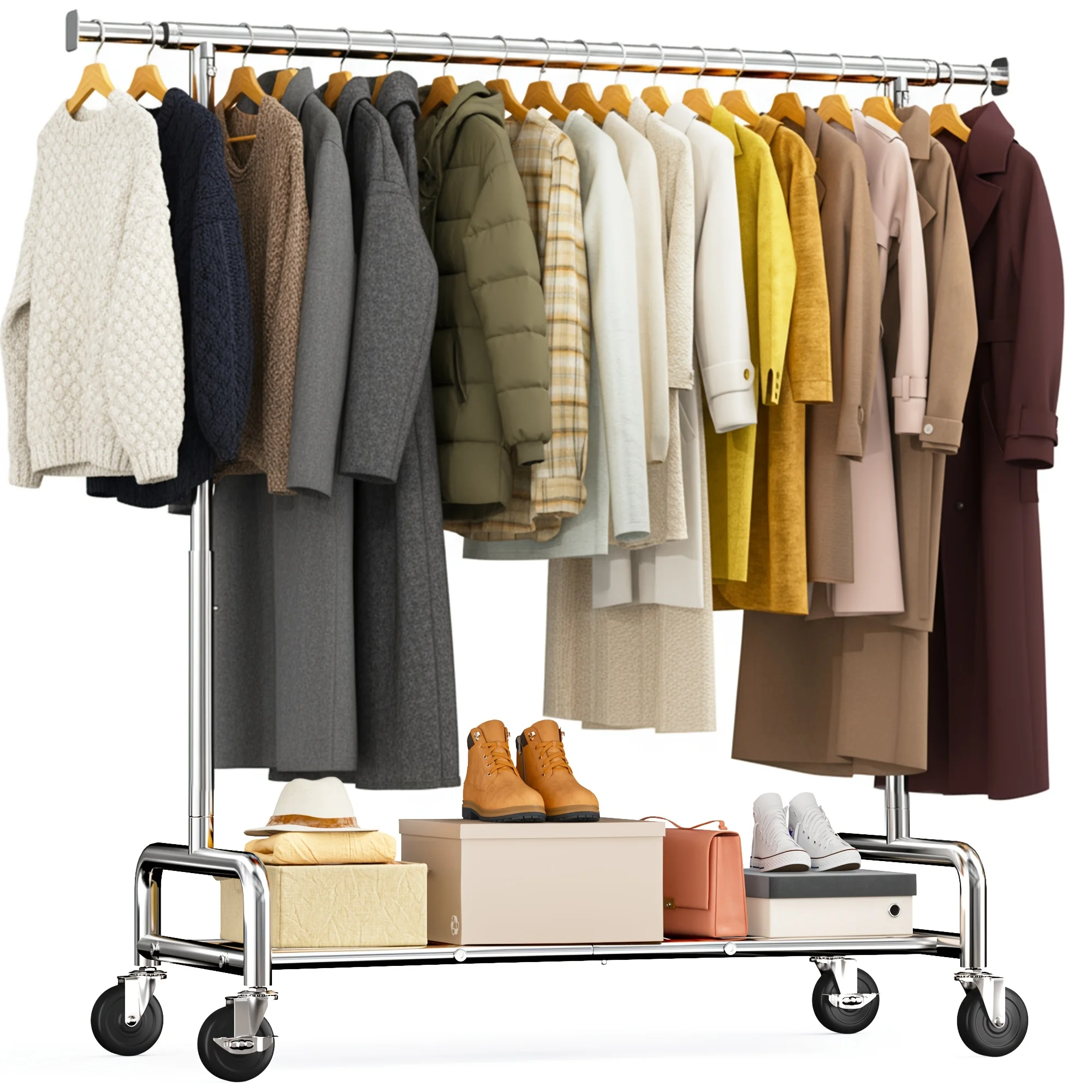 Heavy Duty Double Rail Clothes Rack, 285kg Industrial Clothing Rail for Bedroom with Bottom Shelf & Wheels