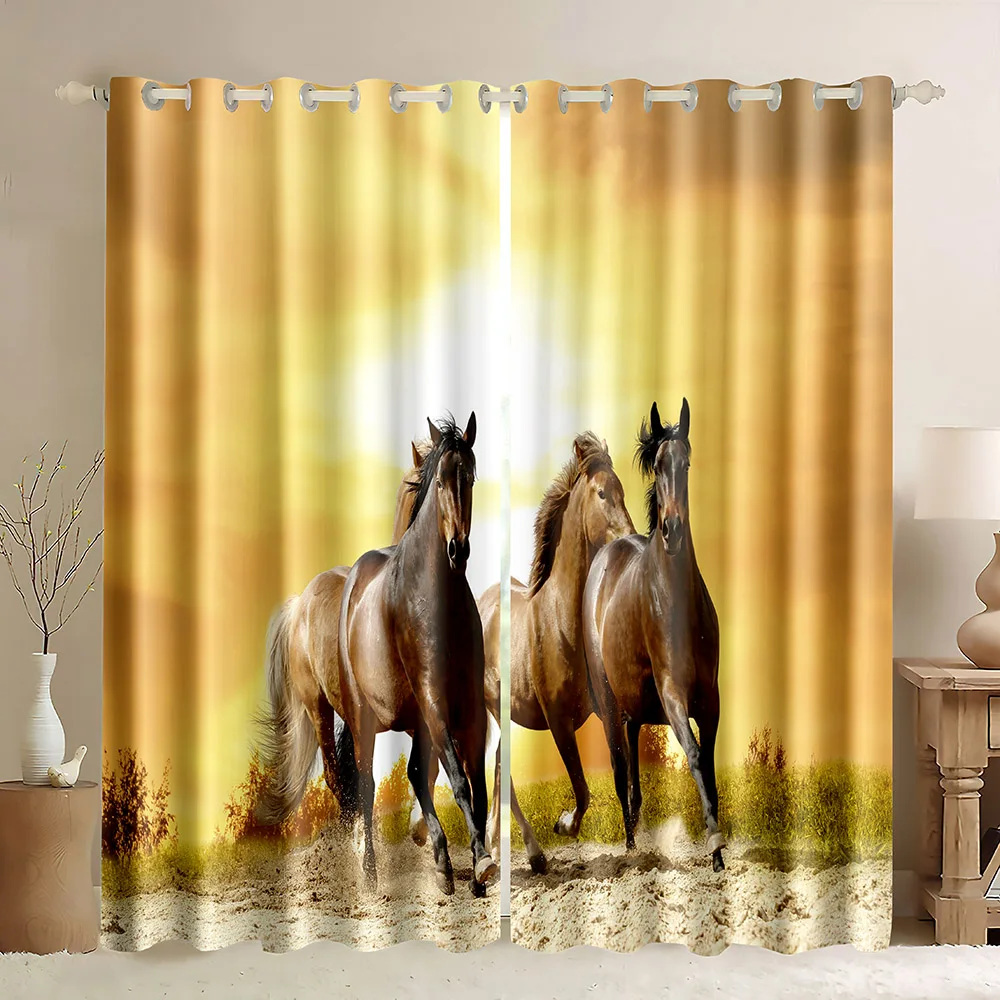 

Horses Window Curtain Stallion Animals Running on a Sunset Sky 3D Wild Animals Pattern Nature Lover Theme Print Blackout Curtain