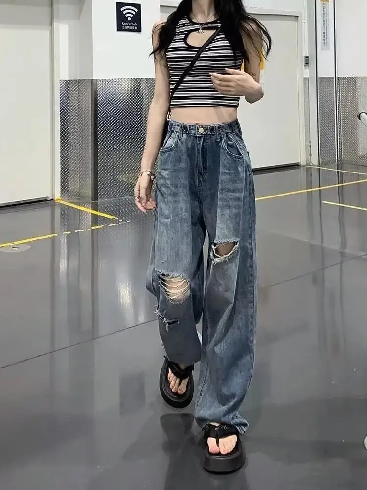 

Летние американские джинсы-стрейч с рваными элементами, мужские и женские, прямые, свободные, зауженные, в стиле High Street, с широкими штанинами, модные повседневные джинсы
