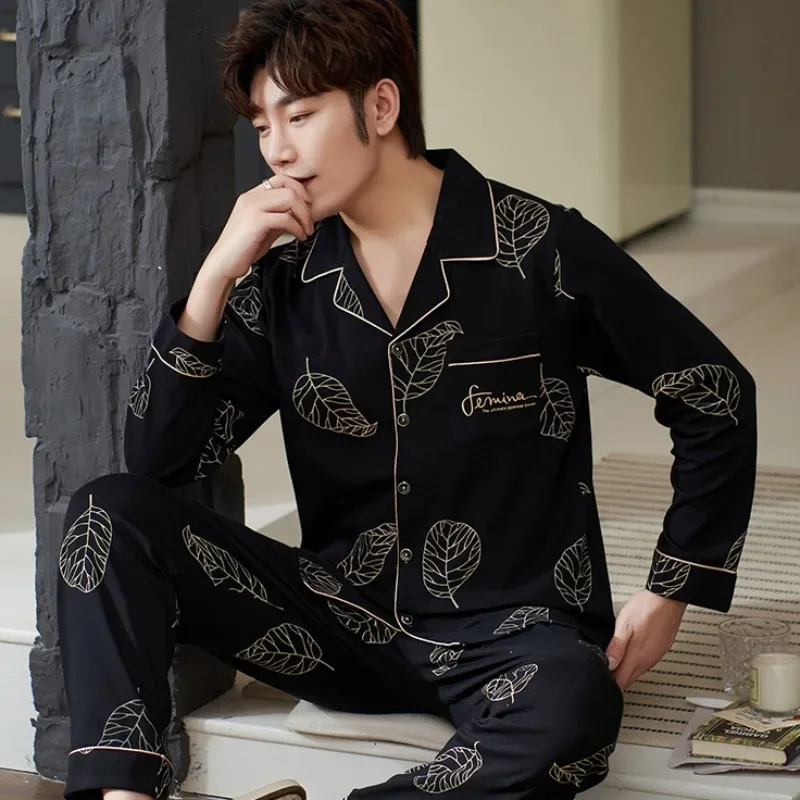 Men's Spring Autumn Pure Cotton Pajamas Long Sleeved Cardigan Middle Age Elderly Home Clothes Set Youth Casual Loose Pyjamas