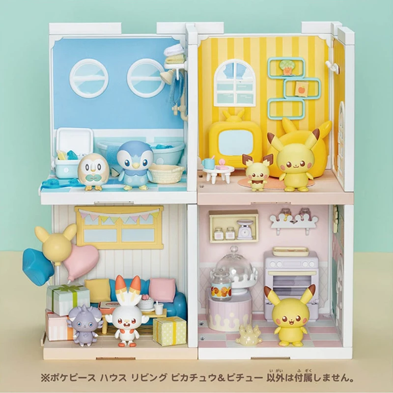 TAKARA TOMY Pokemon Miniature Scene of Kitchen Bathroom and Living Room Pikachu Piplup Meowth Assembled Action Figure Model Toys