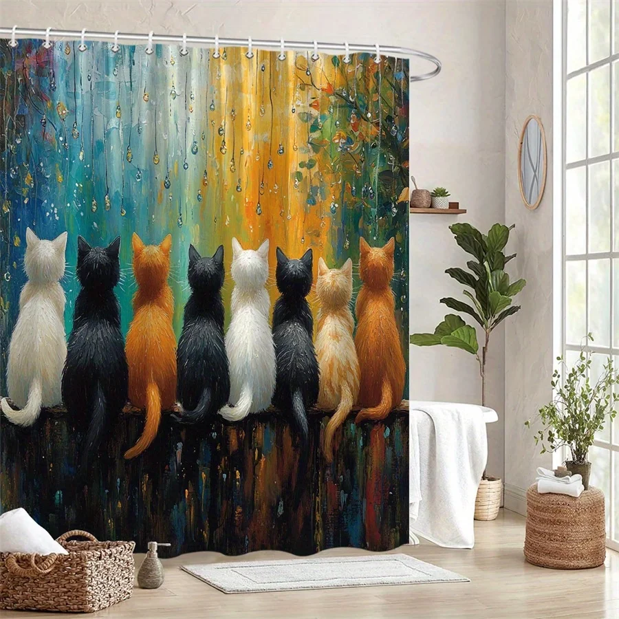 Colorful Cats on Wooden Fence Shower Curtain - Seven Cats with Detailed Fur, Impressionistic Raindrop & Abstract Background