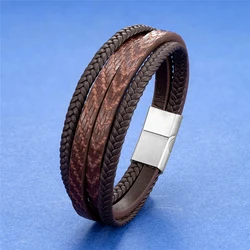 New Simple Style Men's Multilayer Leather Bracelet Matte Stainless Steel Magnetic Buckle Accessories Hand Woven Jewelry Gifts
