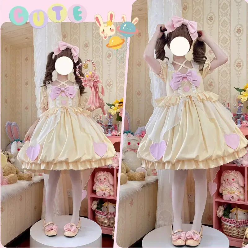 

NONSAR Japanese Sweet Lolita Mini Dress Women Cute Heart Bow Ruffles Princess Bud Dress Y2k Bubble Short Sleeve OP Summer Dress