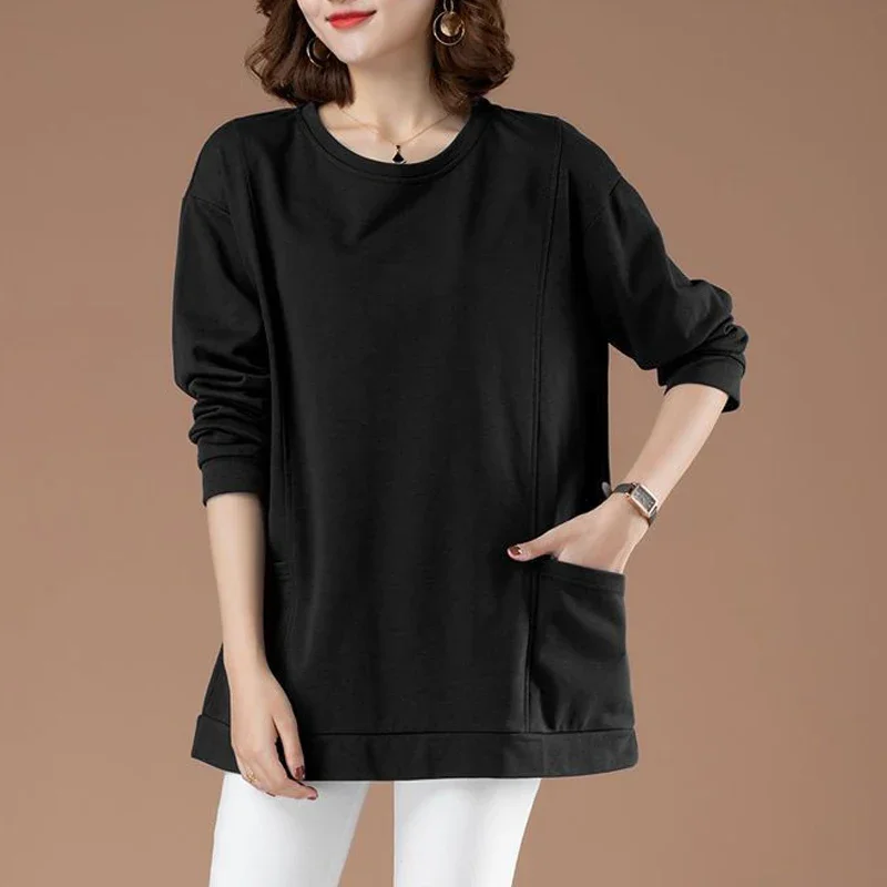 2025 Autunno e Inverno Donna Trendy Semplice Casual Streetwear Felpe Y2K Stile coreano O Collo Manica lunga Pullover Tunica Top