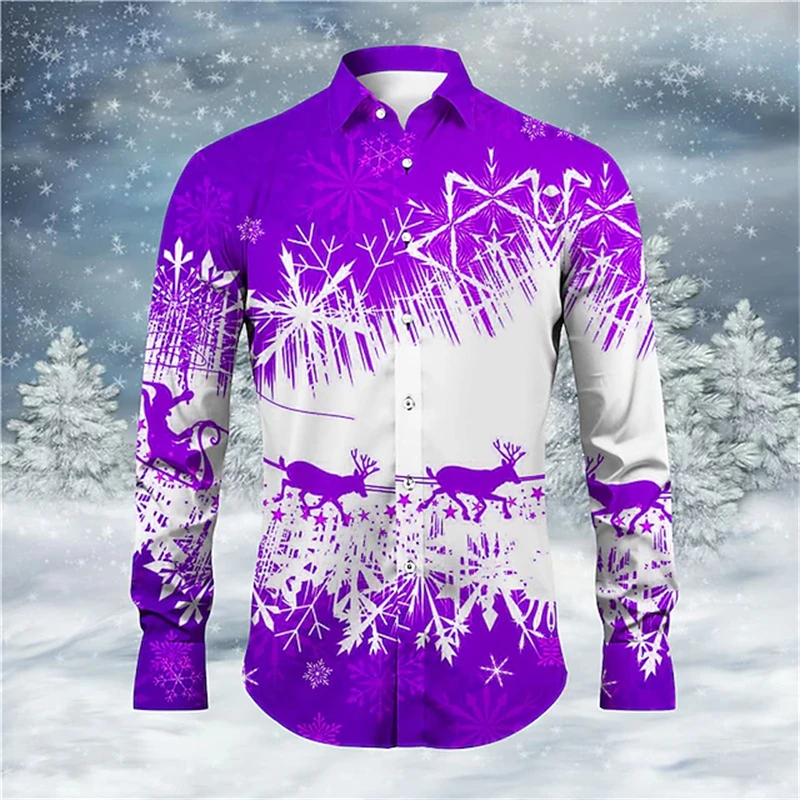 Casual Men Shirts Fall And Winter Christmas Temperament Lapel Shirt New Elk Ice And Snow Pattern Printed Tops Large Size T-shirt