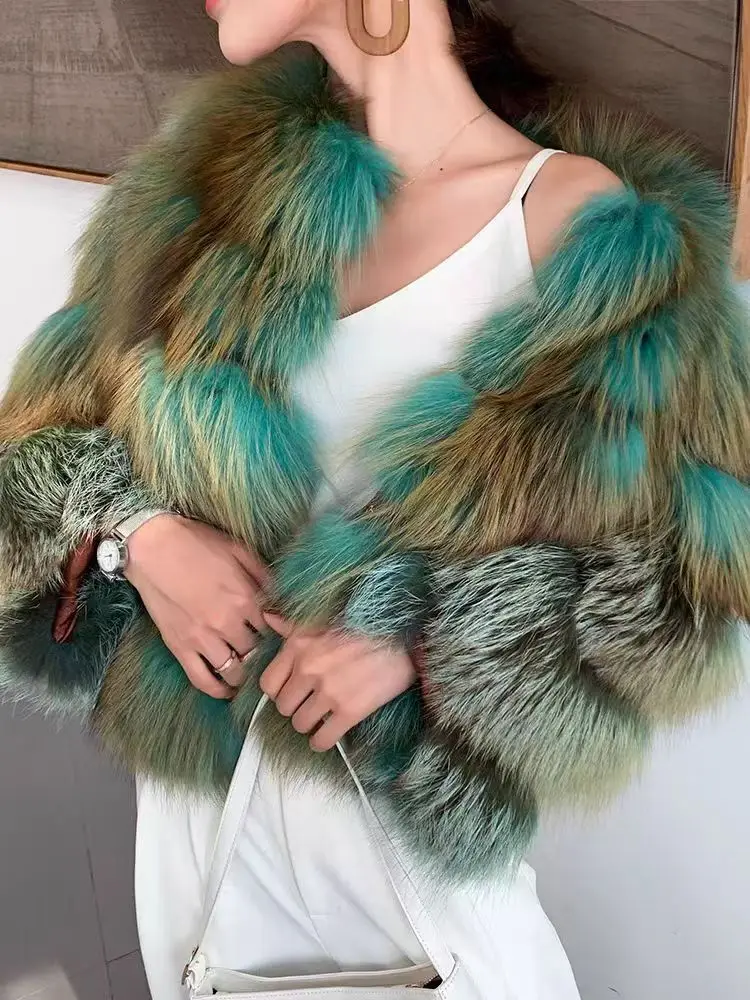 New winter warm and colorful full leather genuine fox fur coat for women long-sleeved short light luxury fur coat