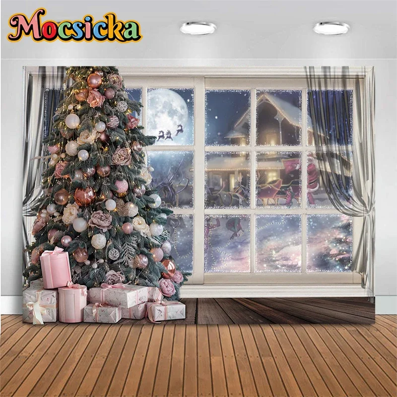 

Mocsicka Winter Christmas Decoration Photography Background Transparent Curtain Moon House Deer Lamp Backdrops Studio Photobooth