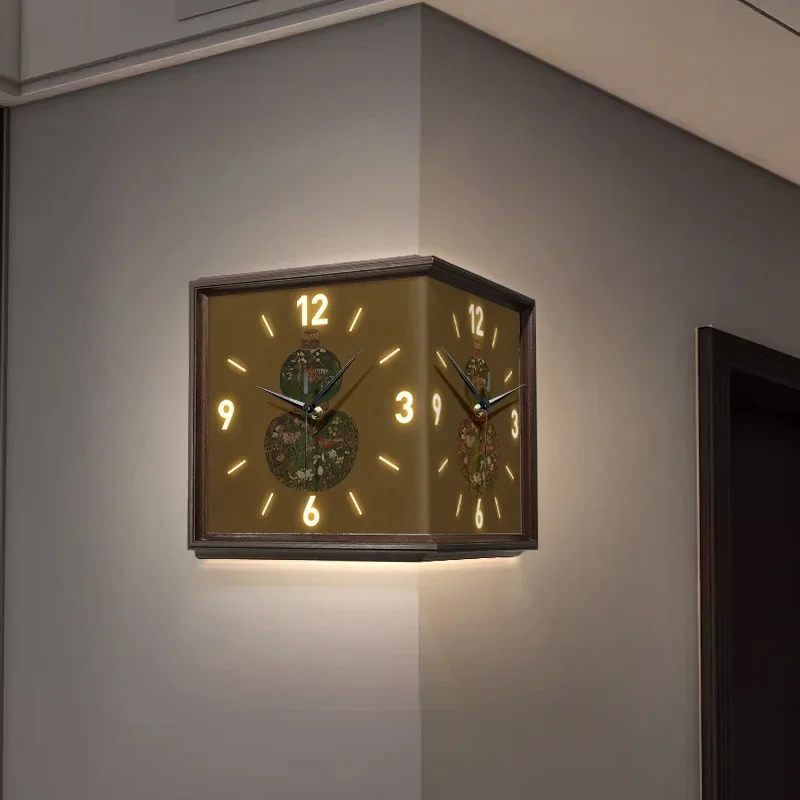 Fulu living room, corner double-sided wall clock without punching, medieval creative clock wall lamp