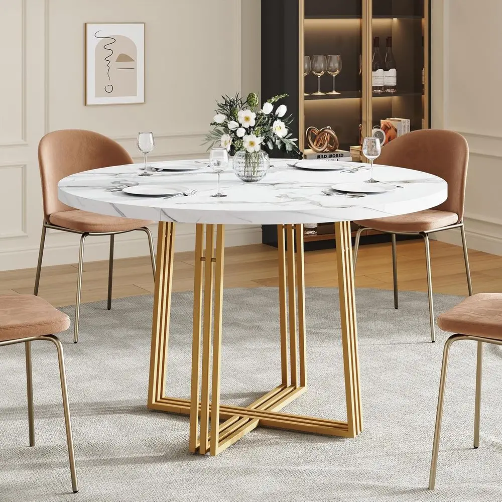 Round Dining Table or 4, 43.3-Inch aux Marble Kitchen Table, ern Circle Dinner Table with Metal Base or Dining Room, Kitchen, Br