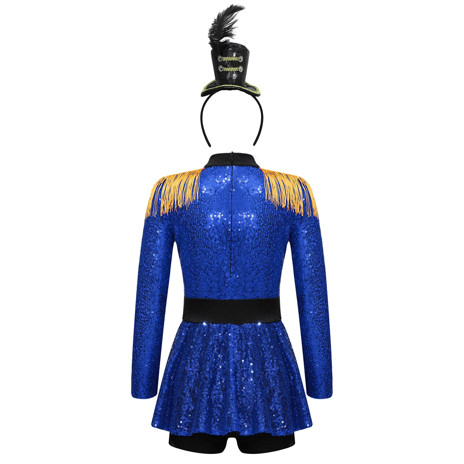 6-16Y Kids Girls Circus Ringmaster Cosplay Dress Long Sleeve Sequin Bodysuit with Top Hat Headband Carnival Theme Party Costume