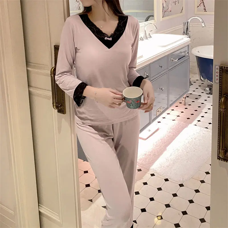 Modal Pajamas with Chest Pads 2024 Spring Autumn New Sleepwear Sweet Home Clothes V-neck Lace Loose Loungewear Two-piece Suit