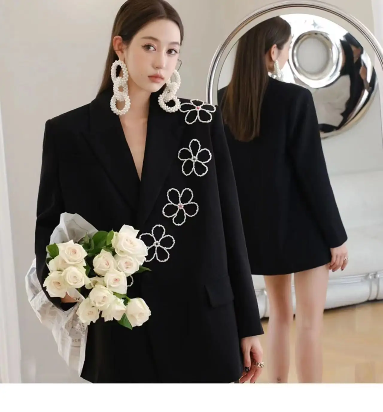 Vintage Pearl Flower Decoration Black Silhouette Suit Coat Design Sense women\'s Autumn New Casual Versatile Blazer sciolto