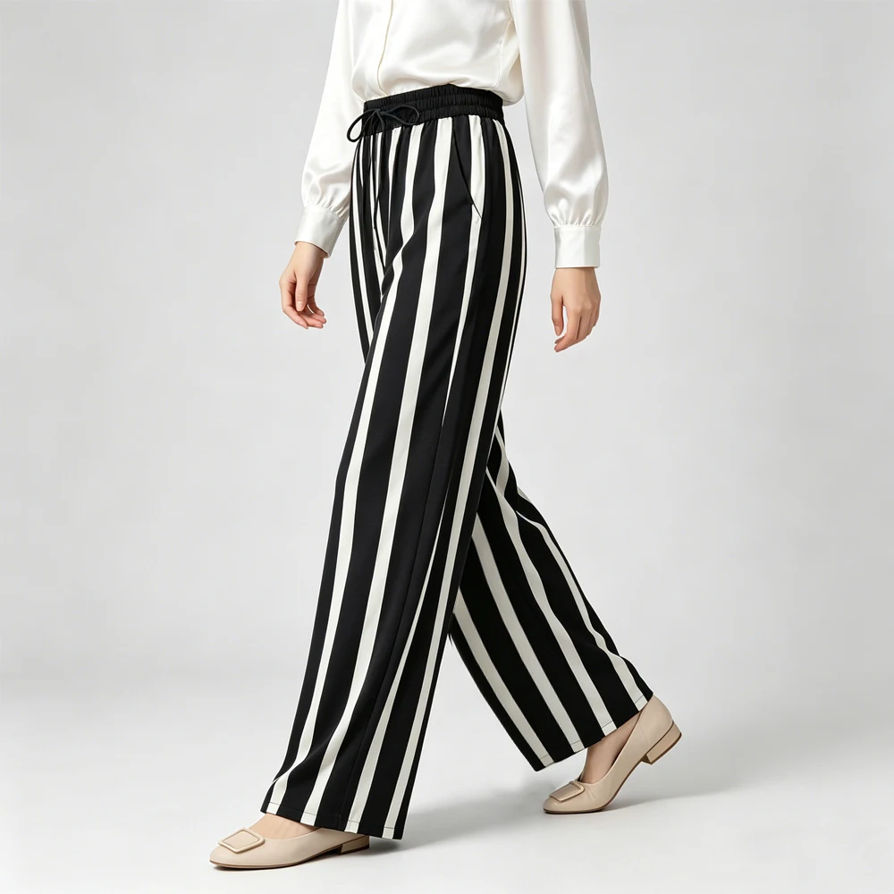 2026 Women's Summer New 24MM 93% Natural Mulberry Silk Elastic Double Crepe Versatile Classic Black/White Striped Wide Leg Pants