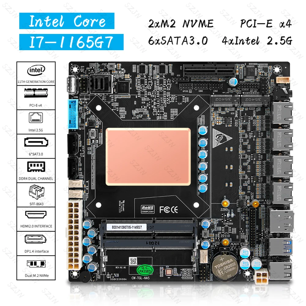 itx 1165g7 placa mae intel core i7 1165g7 4x i226 25g 6x sata 2x2 nvme pciex4 placa de firewall 01