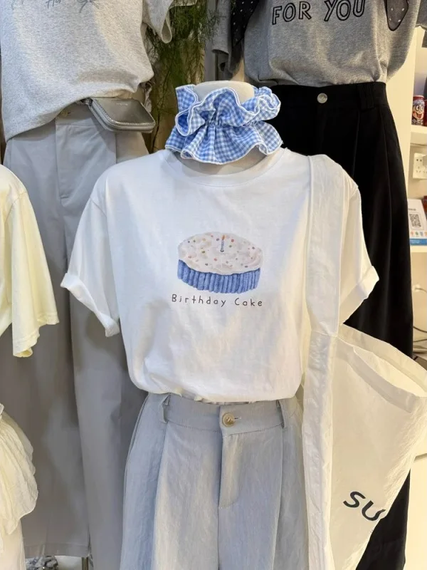 

Loose round Neck Short Sleeve T-Shirt Korean Style Commute Cotton Printed Casual Versatile Overhead Design Summer New Arrival