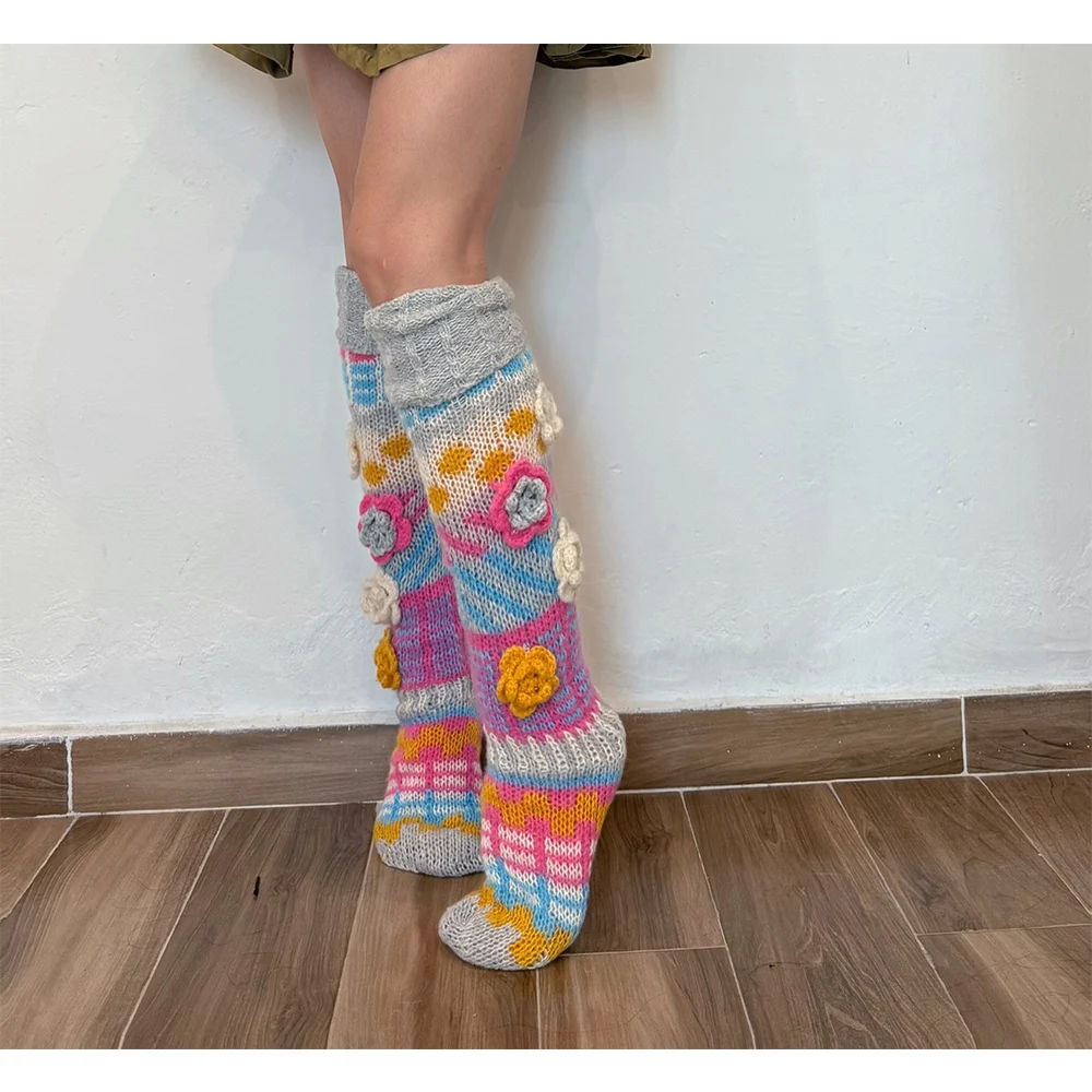 

Женские осенне-зимние винтажные эстетические вязаные гольфы, милые вязаные крючком гольфы с цветком, мягкие носки-трубочки, уличная одежда