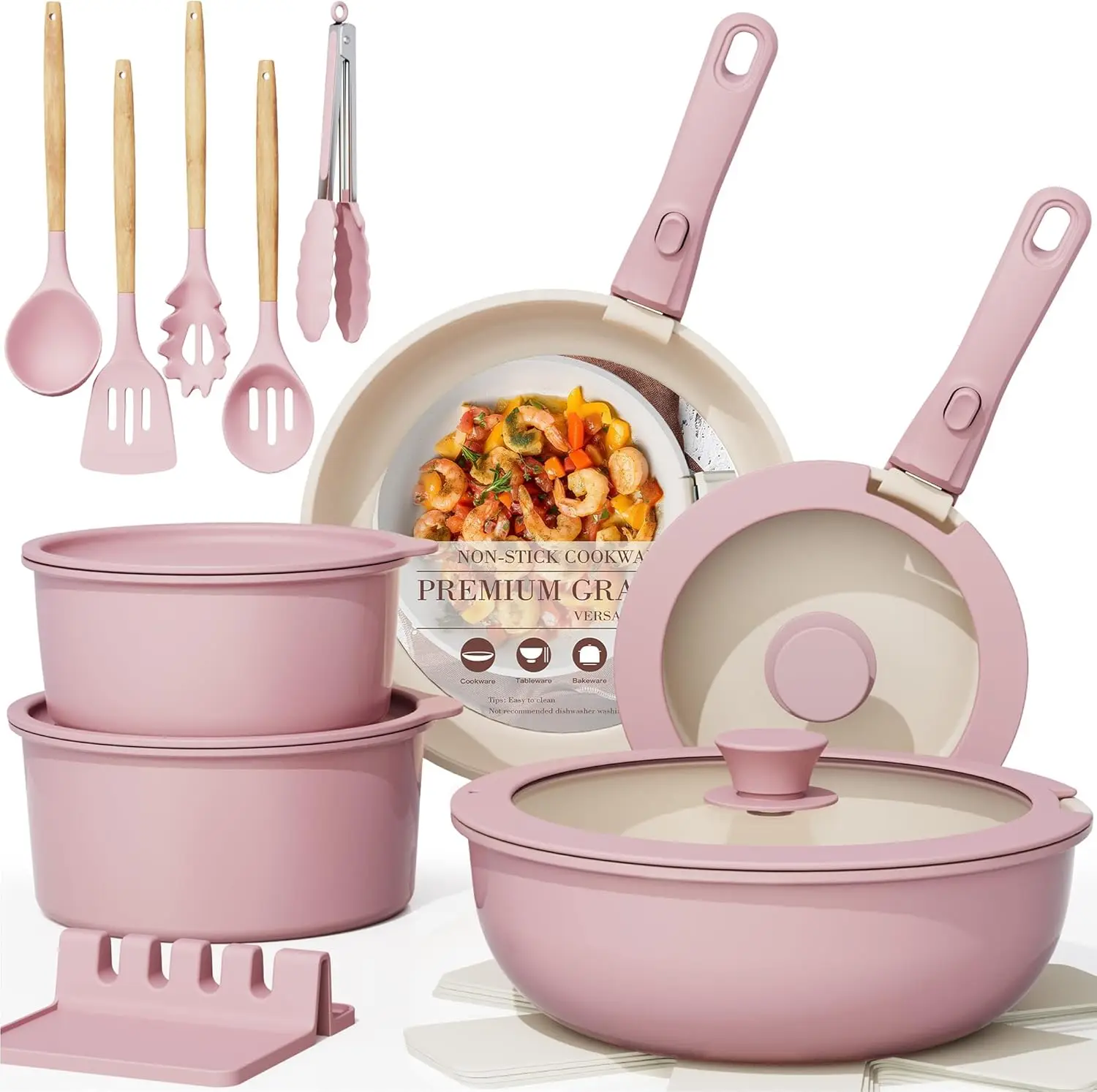 

21-Piece Non-Stick Ceramic Cookware Set with Detachable Handles, Oven Safe, Induction Compatible, Stackable in Pink
