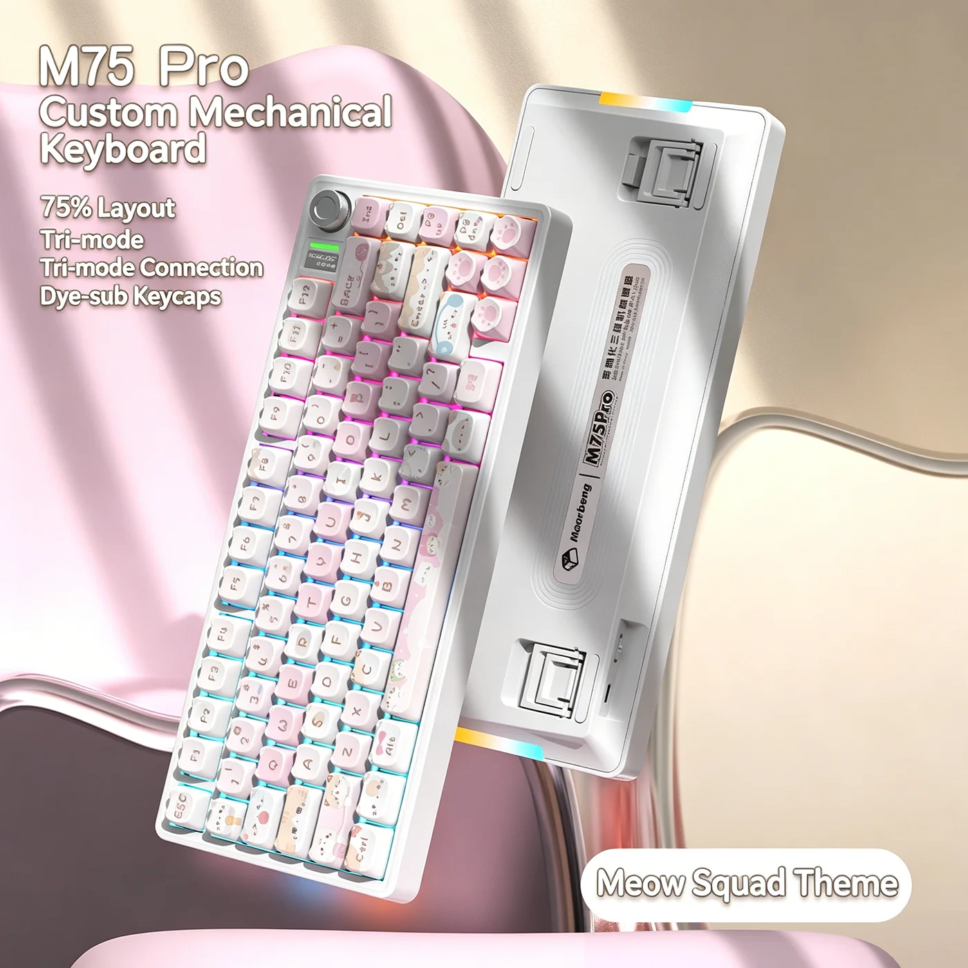 SUMREDA M75Pro Wireless Mechanical Keyboard Pink Cute 75% 8000mAh Bluetooth 2.4G Wired RGB Hotswap Gamer with Knob Keyboard