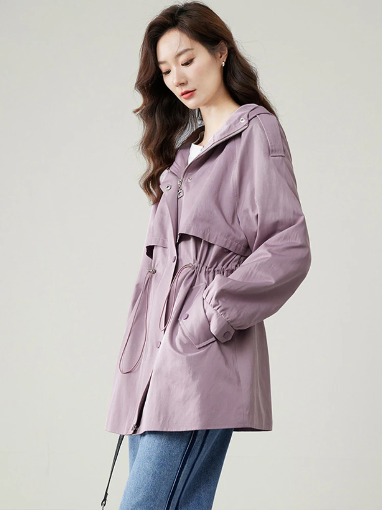 VIMLY Drawstring Waisted Long Trench Coat for Women 2023 Autumn New Cotton Blend Hooded Zipper Casual Jacket Coat Outwear M2817