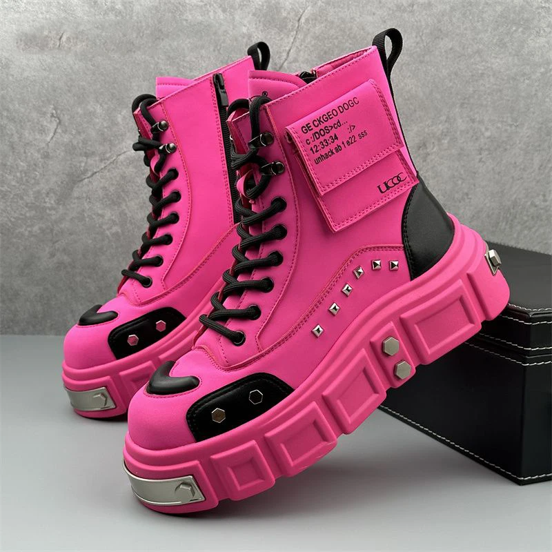 

ZHUOFU Men's Boots Fashion Design Metal Decoration Rivet Leather Boots High Street Hip Hop Dance Punk Motorcycle Mens Boots