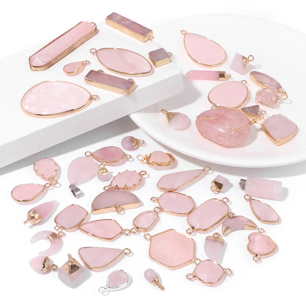 Natural Rose Quartz Crystal Pendant Charm Pink Heart Mineral Slice Healing Stone Jewelry Necklace Earring Accessories Wholesale