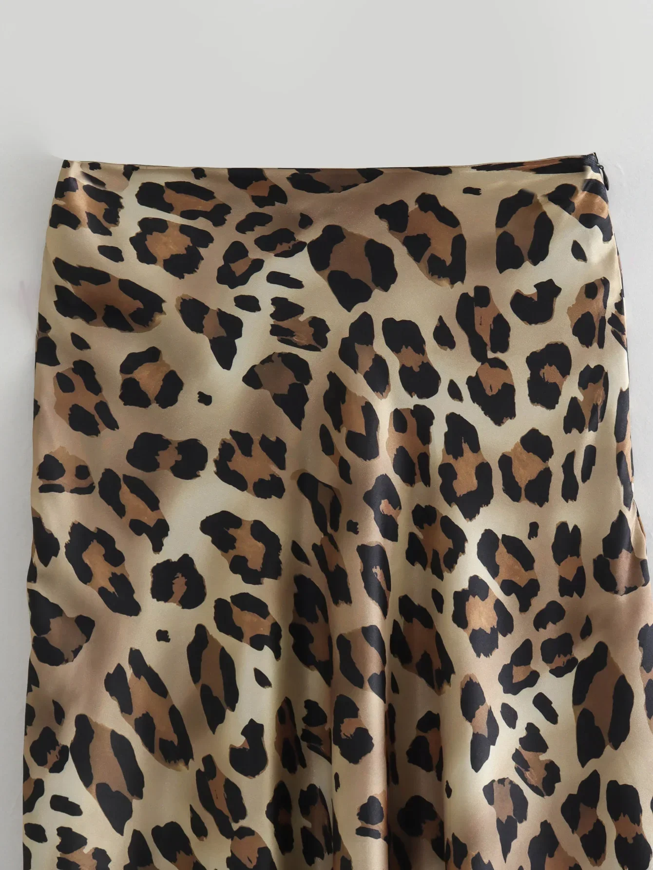 Saia midi com estampa de leopardo feminina, cintura alta, zíper traseiro, textura de seda, vintage, moda feminina, novo, 2024