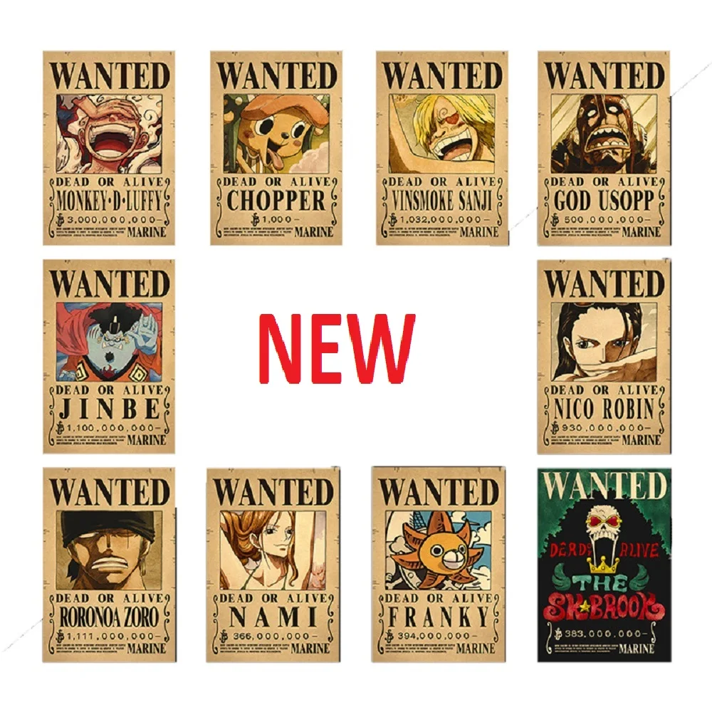 10Pcs One Piece Action Figure Bounty Poster Craft Print Wall Stickers Vintage Movie Playbill Luffy Stickers One Piece Wall Paper