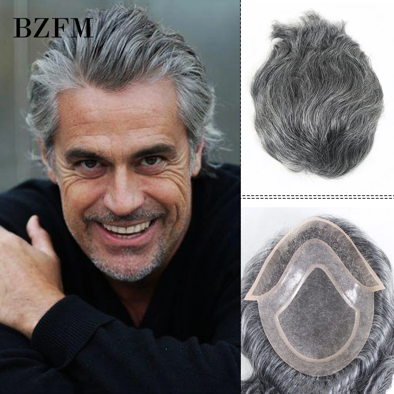 

1B50 Grey White Color Human Hair Men Toupee Mono Lace PU Base Toupee For Men 6 Inch Short Hair Mens Wigs Replacement Systems