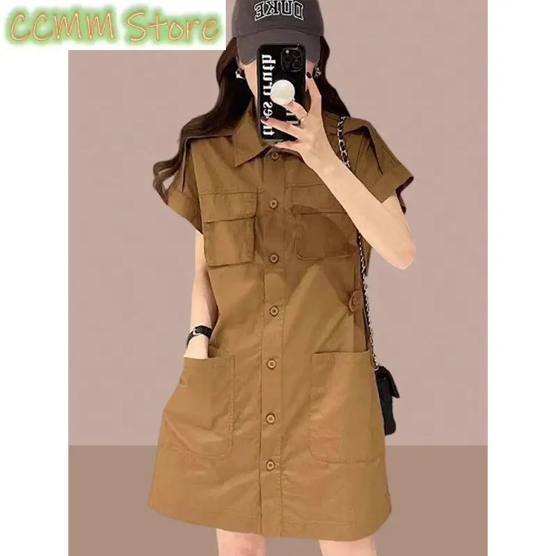 

Fashion Lapel Button Spliced Pockets Casual Dress Female Clothing Summer New Loose All-match Solid Color Short Sleeve Dress