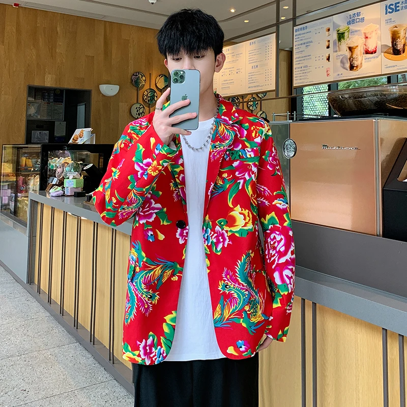 Men's Single-Breasted Oversized Blazer Loose Fit Chinese Ethnic Print Unisex Folk Style Cardigan Coat Jacket plus Sizes M-5XL
