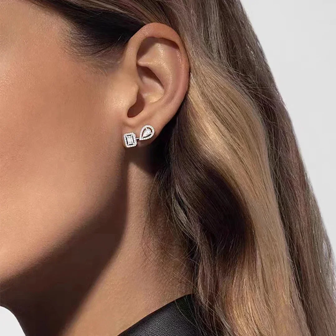 925 Sterling Silver Luxury Jewelry My Twin1+2 Platinum Diamond Women's Mixed Earrings Asymmetric Droplet Blocks