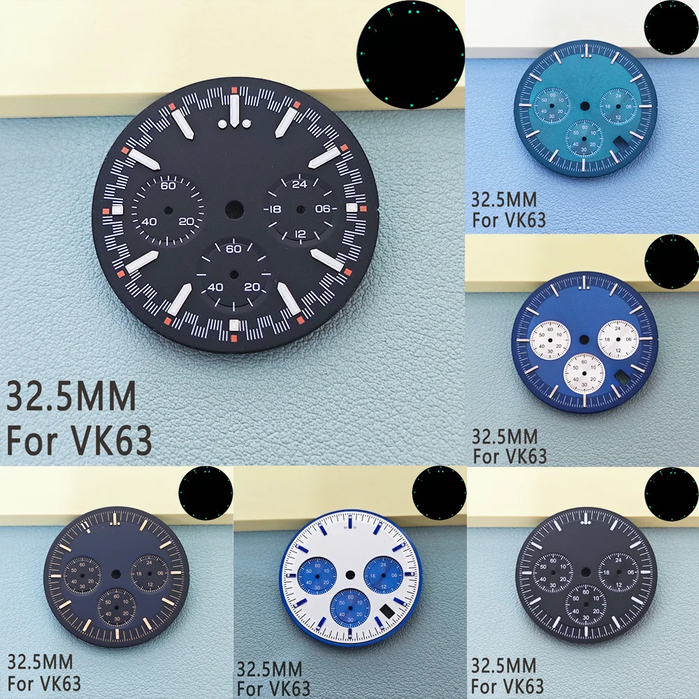 

32.5mm Men's watch dial Suitable For VK63 Quartz Movement C3 Green Luminous Chronograph Dial Replacement accessories