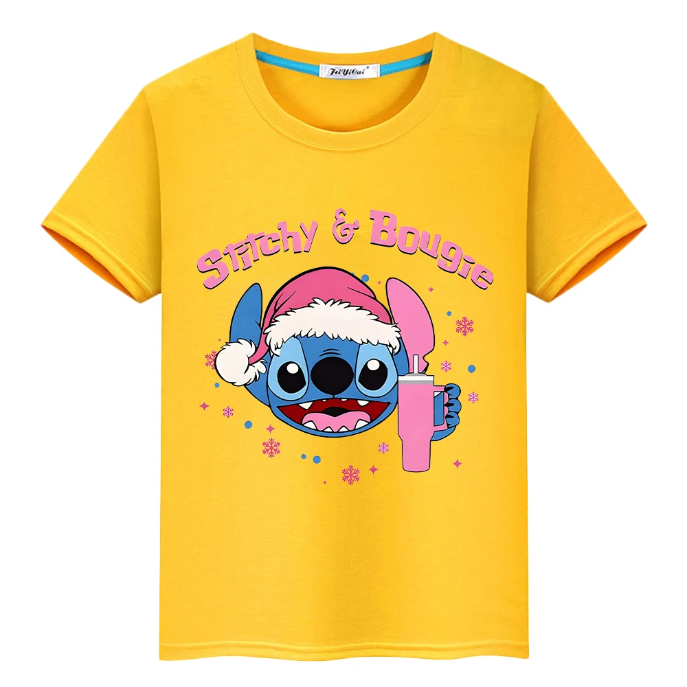 Christma Print 100%Cotton Short Tops y2k one piece Stitch t shirt for kids boy 10year Anime Tees Kawaii tshirt kids clothes girl