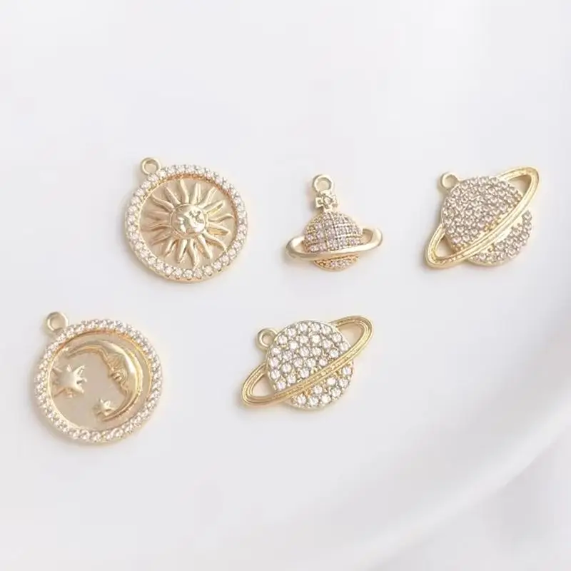 

Micro-set zirconia 14K gold clad colorful moon sun round sign planet galaxy pendant diy necklace earrings pendant