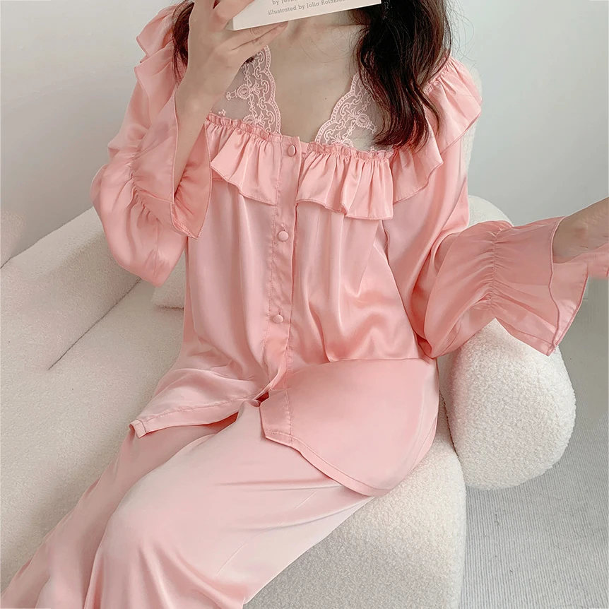 Pajamas Women Spring Long Sleeve Pijamas Suit Sleepwear Sweet Pink Nightwear 2PCS Shirt&Pant Casual Silk Satin Home Clothes