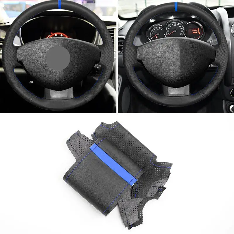 For Dacia Renault Duster 2010-2016 Dokker Lodgy Logan Sandero 2013-2017 Car Steering Wheel Leather Cover Blue Line Strip Trim